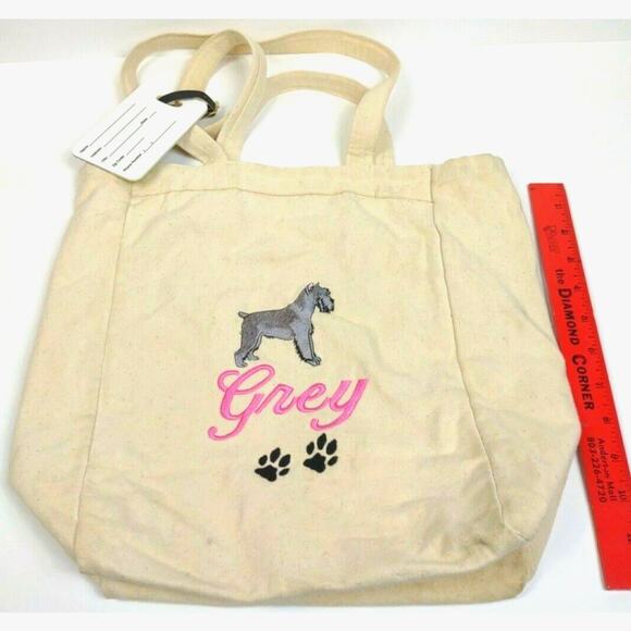 Embroidered Canvas Tote Bag Dog Lover Schnauzer Silhouette Gift w Bonus ID Tag - Picture 3 of 8